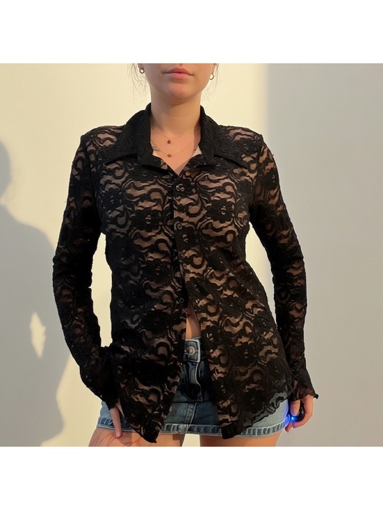 WILLOW Tops - Wolford Black Floral Lace Button-Up Top